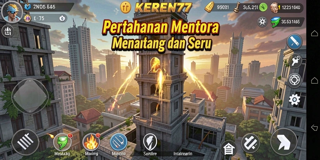 Screenshot menampilkan gameplay KEREN77 yang kental dengan nuansa Tower Defense.