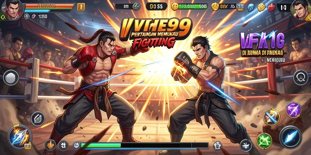 Menampilkan duel seru dengan karakter bertarung di arena